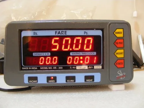 Digital fare meter showing fare, distance, and waiting displays